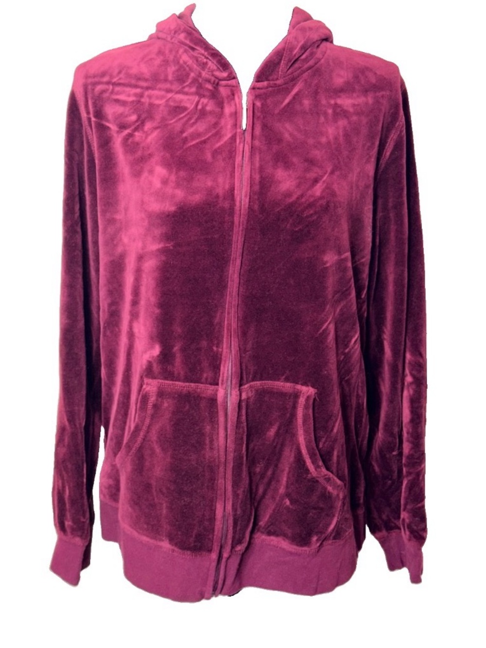 Burgundy Soft Velour Hoodie Jacket Full Zip Ling Sleeve XL